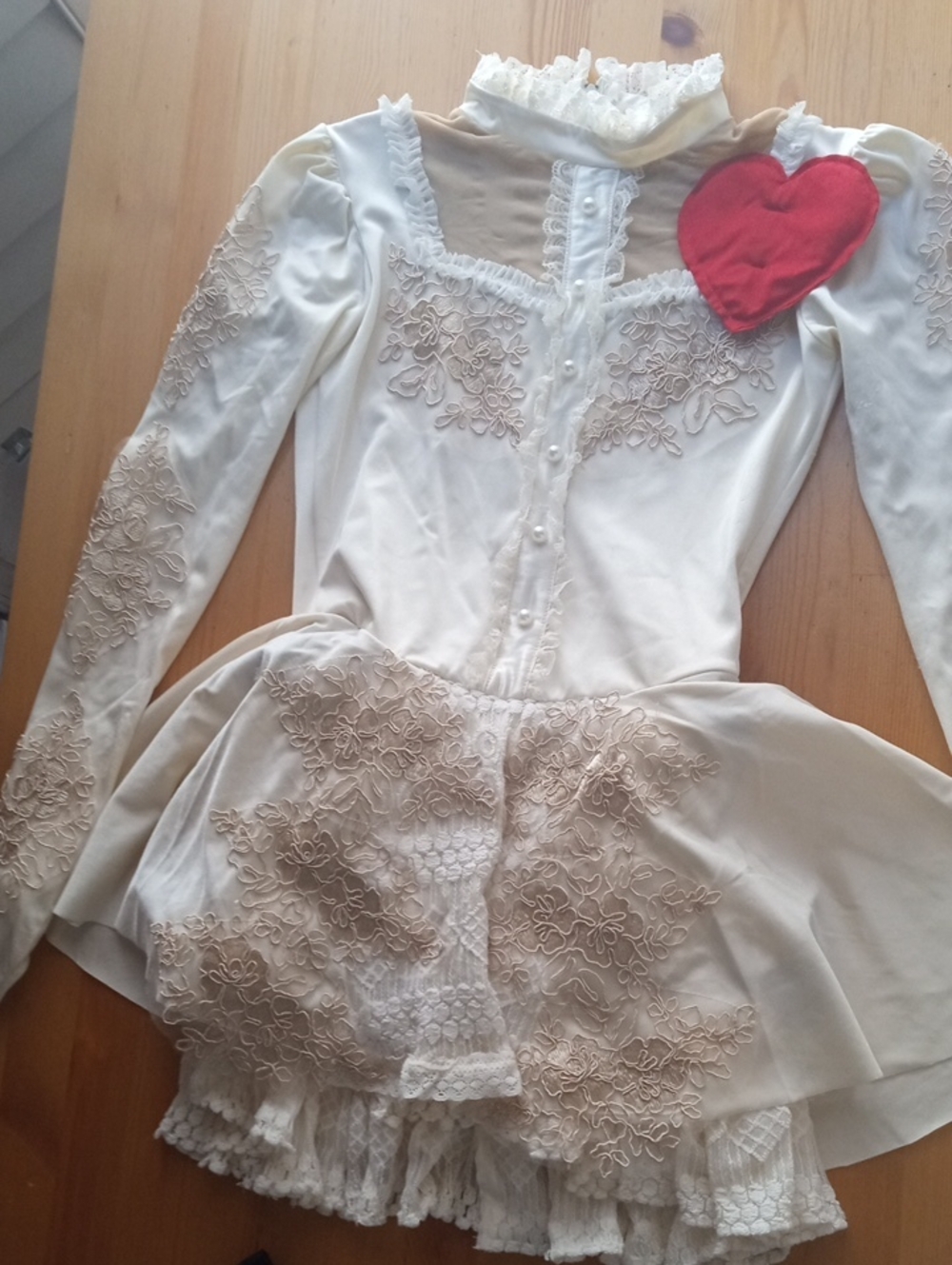 Ivory Lace Figure Skating Quick Change Costume with Red Heart Accent Handmade